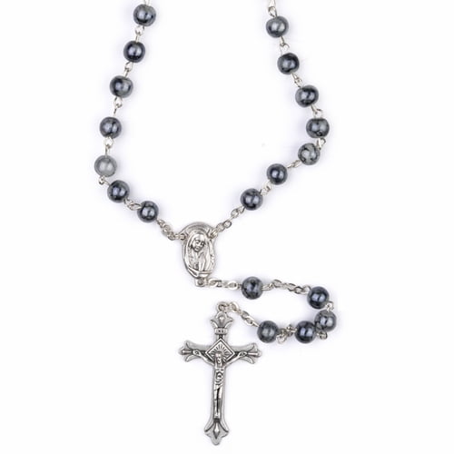 Sterling Silver Enameled & Black Glass Bead Rosary Necklace Sterling Silver Enameled & Black Glass Bead Rosary Necklace